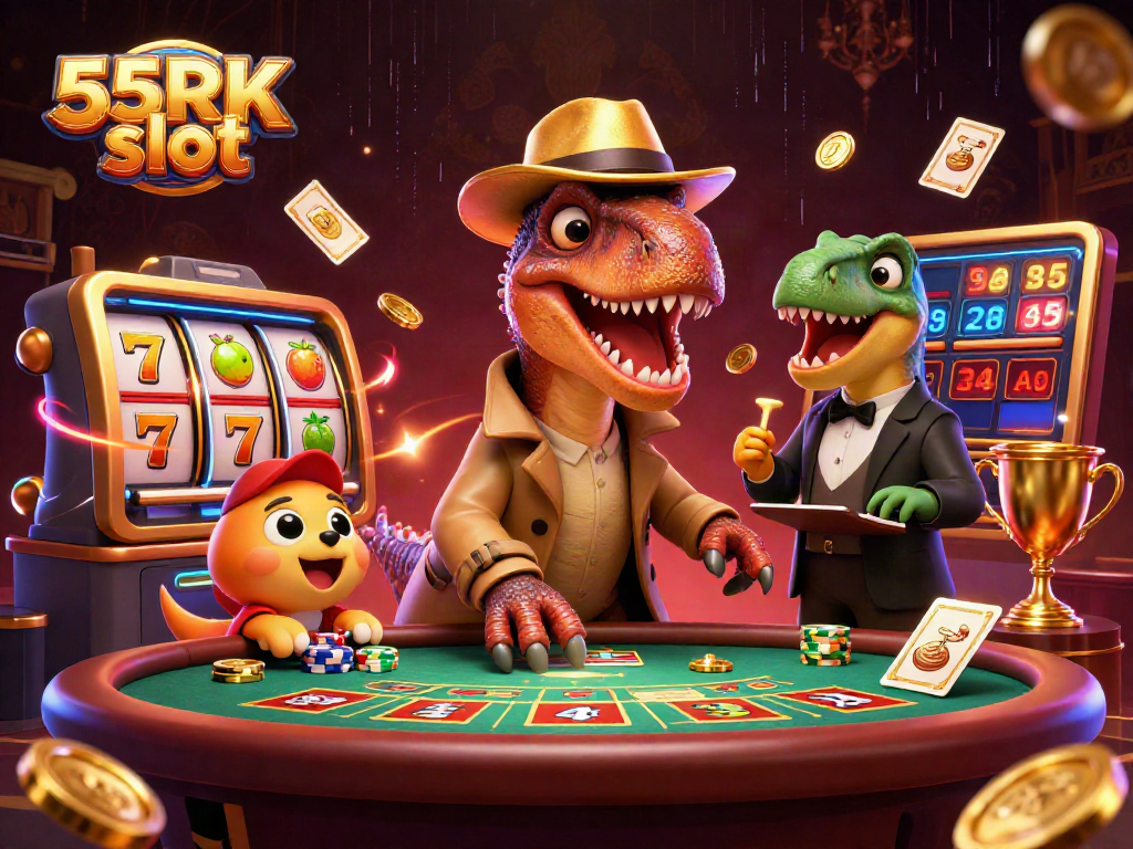 Experience the thrill of 55RK slot with cartoon velociraptors in action at a blackjack table.