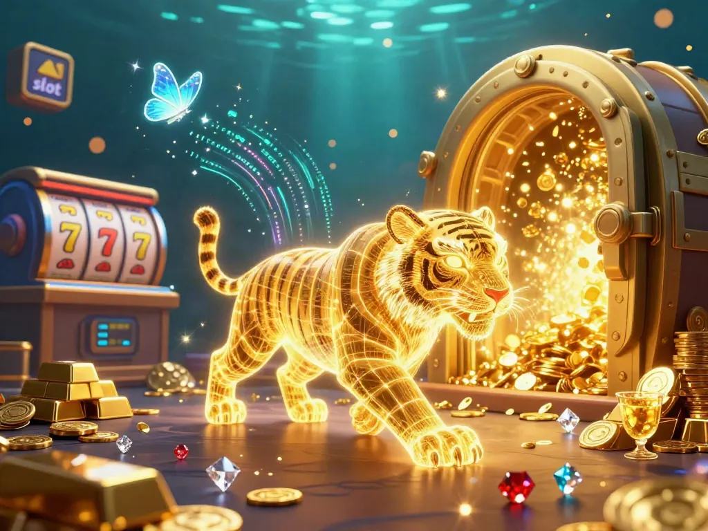 Experience the thrill of slot gaming with a dynamic 3D illustration featuring a golden tiger in a digital casino.