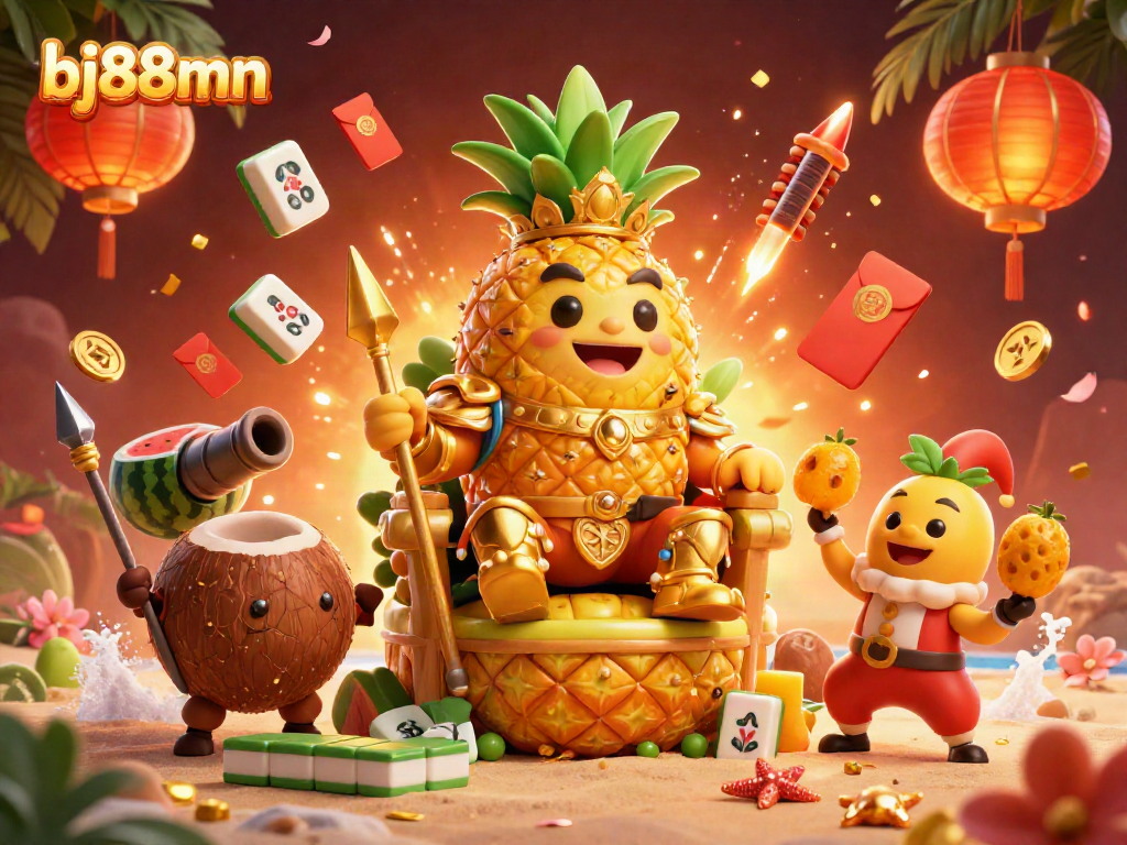 Engage with bj88mn at a vibrant beach casino, featuring exciting gaming elements and colorful characters.