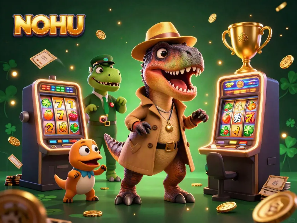 NOHU's vibrant casino scene showcasing a velociraptor card counter at a slot machine.