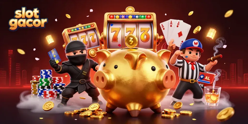 Menangkan jackpot dengan slot gacor dari mesin slot yang berputar dan karakter menarik dalam satu ilustrasi.