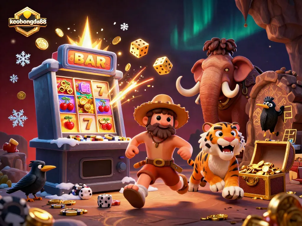 Engage with keobongda88's vibrant casino scene featuring animated characters, slot machines, and jackpot elements.