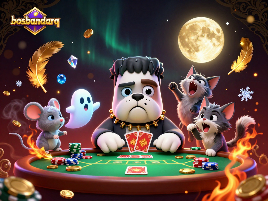 Gamble confidently with bosbandarq's vibrant casino scene featuring card games and daring characters.