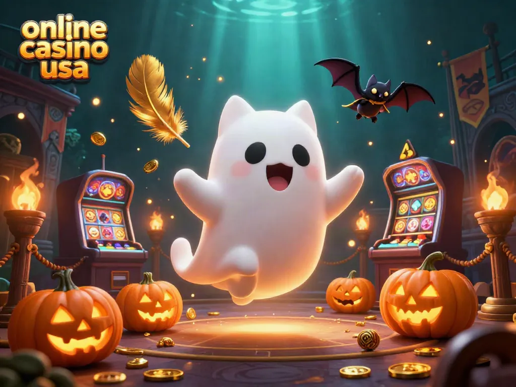 This vivid scene captures the essence of online casino usa, showcasing a playful ghost cat and a vampire bat amidst glowing Jack-O-Lanterns and swirling casino elements.
