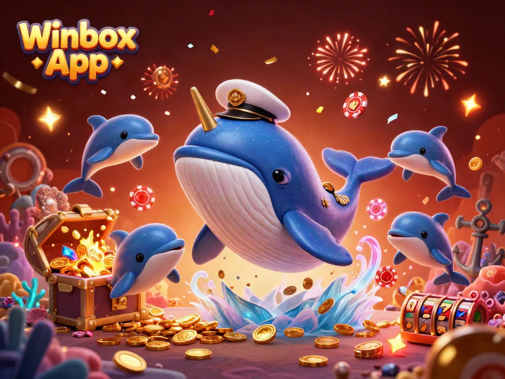 Engage with the Winbox App while experiencing lively characters in a vibrant casino-themed underwater scene.