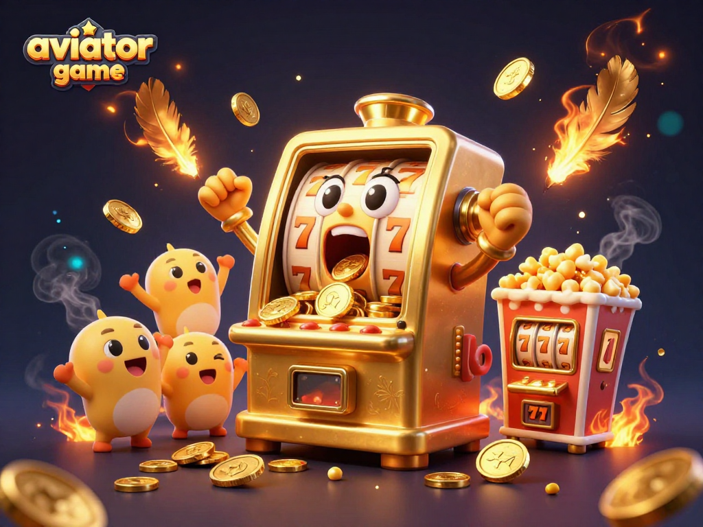 Hit the jackpot with the aviator game as a golden slot machine celebrates its win amid flying coins.