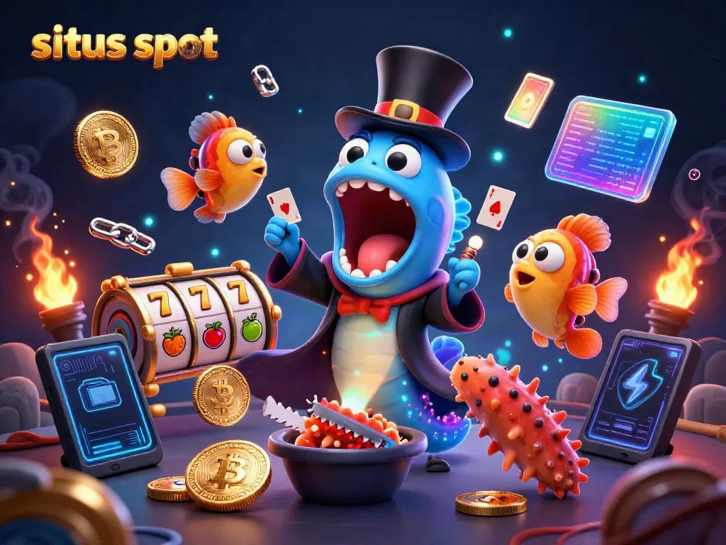 Gulper eel tampilkan trik kartu di situs slot dengan simbol jackpot dan koin kripto memukau.