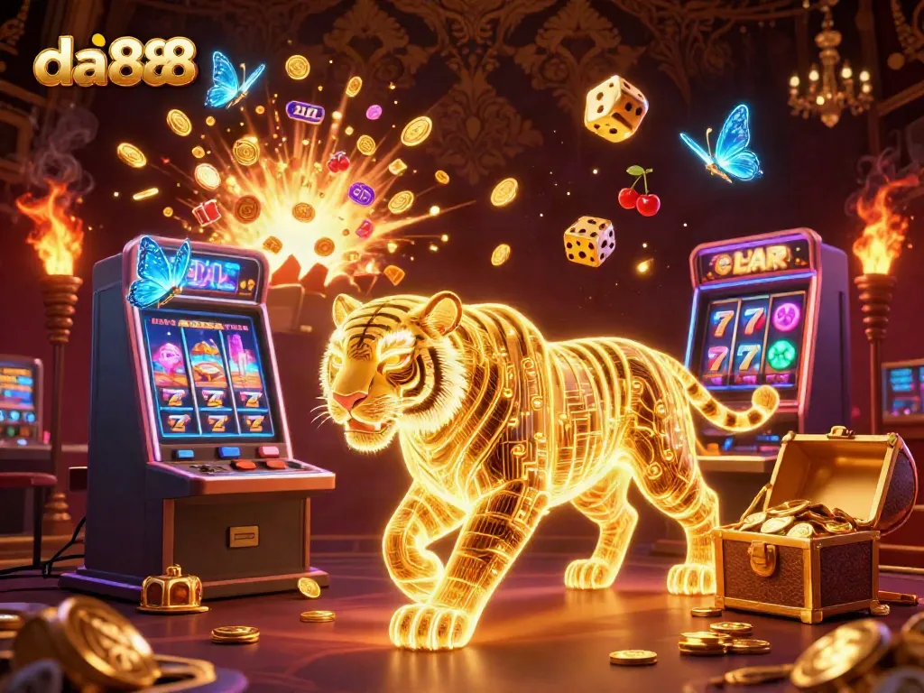 Experience thrilling gameplay at da888 with animated symbols flying around a vibrant digital casino scene.