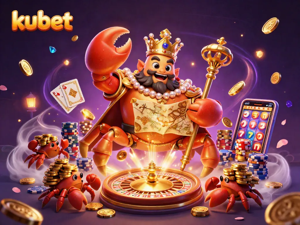 Experience kubet, the thrilling casino world featuring a golden crab emperor, vibrant gaming elements, and winning chances.