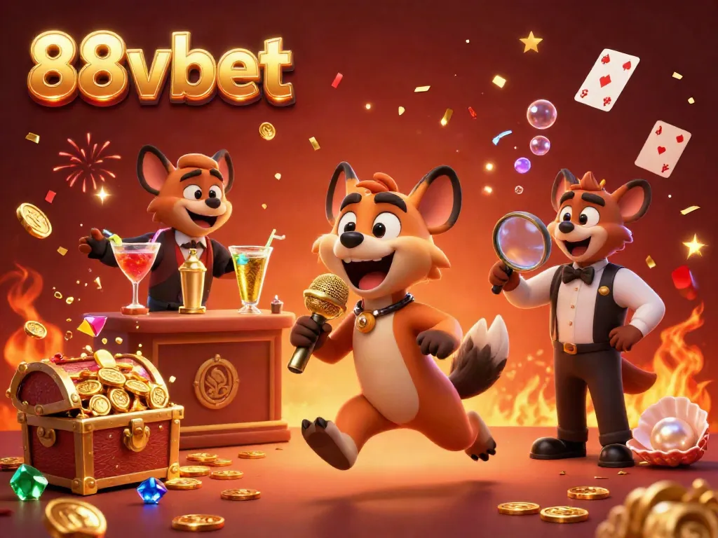 Engaging 3D scene with the hyenas of 88vbet running a comedy casino club, featuring jokes and cocktails.