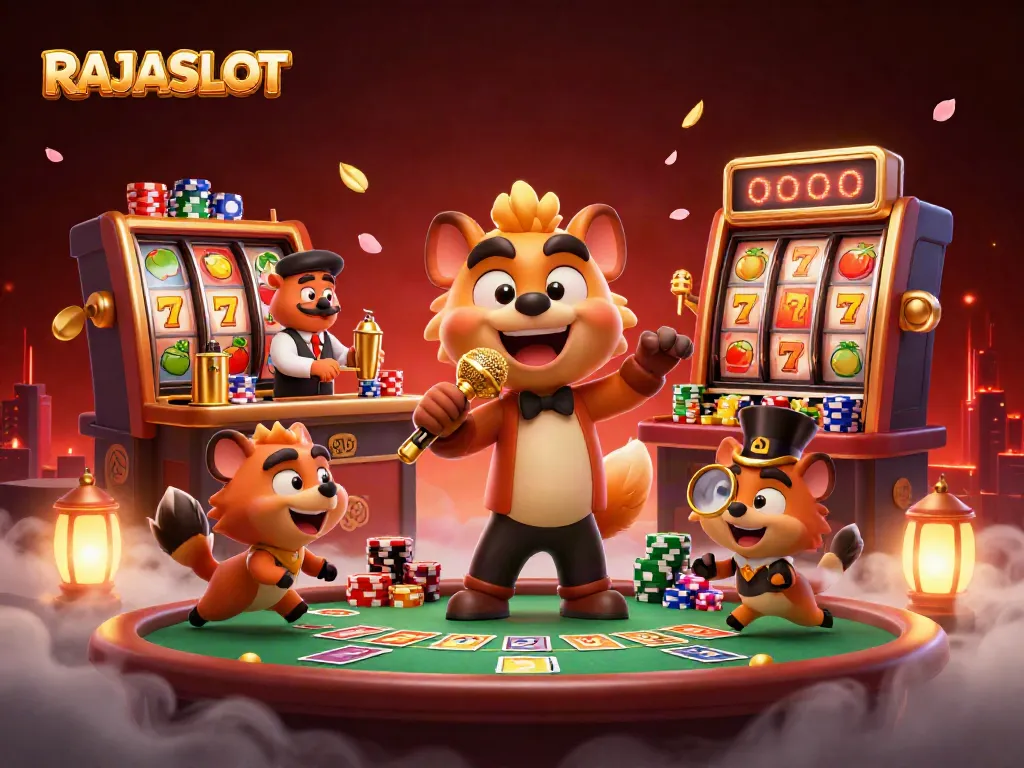 RAJASLOT menghadirkan suasana kasino dengan karakter hyena lucu dan elemen permainan slot yang menarik.