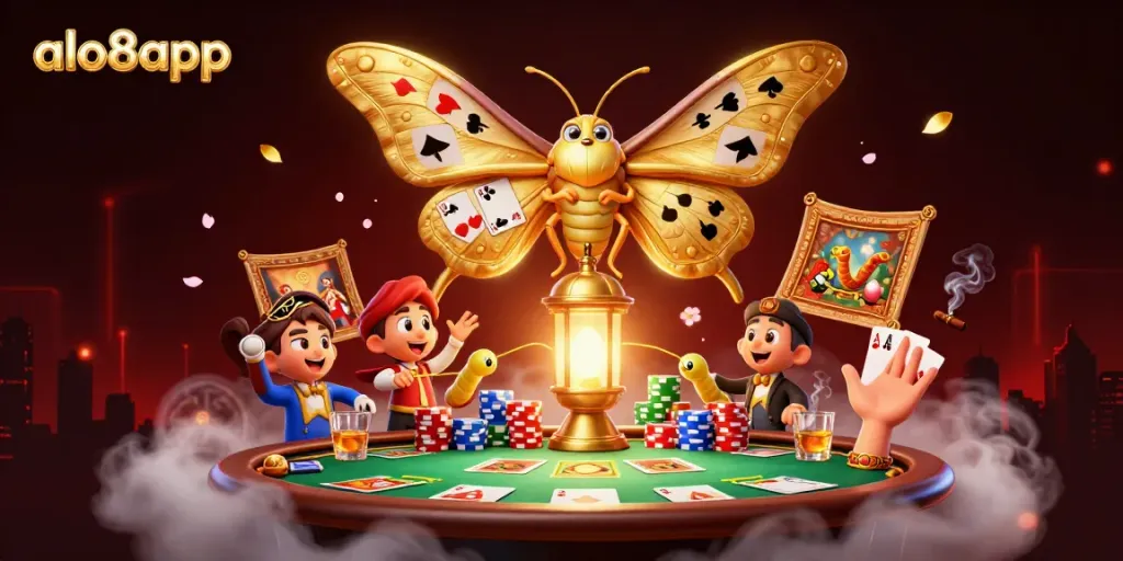Experience immersive gaming with alo8app's dynamic casino scene featuring a moth and rich gambling elements.