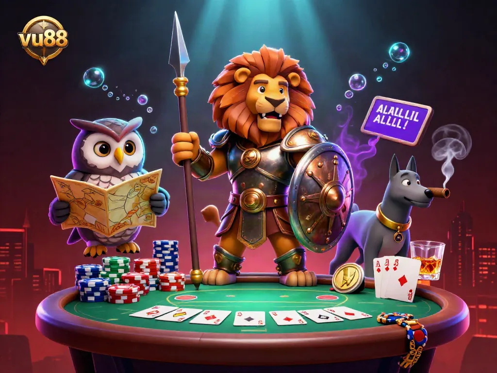 Experience thrilling poker action at vu88 with a 3D Spartan lion and tactics from a wise owl and greyhound.