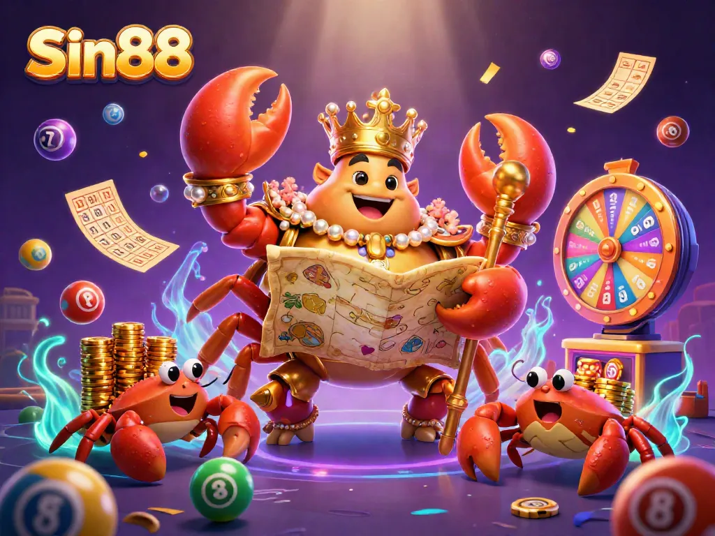 Sin88 showcases a golden crab emperor amidst dynamic lottery elements and rich casino themes.