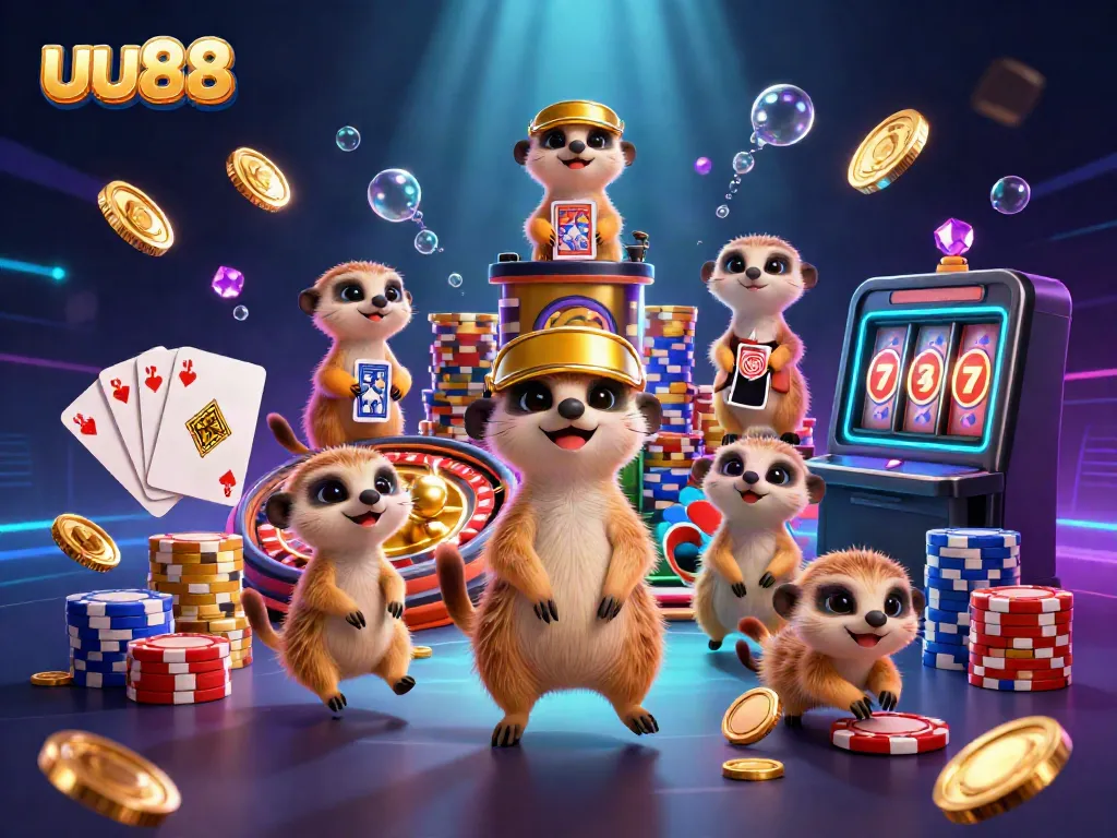 Experience winning fun with uu88's vibrant casino scene featuring meerkats and dynamic game elements.