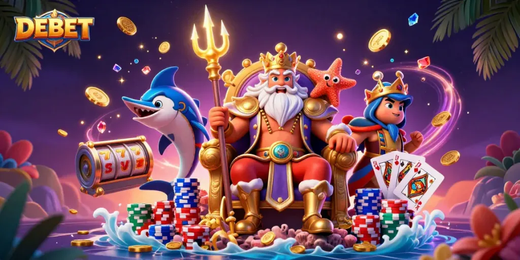 Engage with DEBET’s vibrant casino excitement through a 3D illustration of a sea king and treasures.
