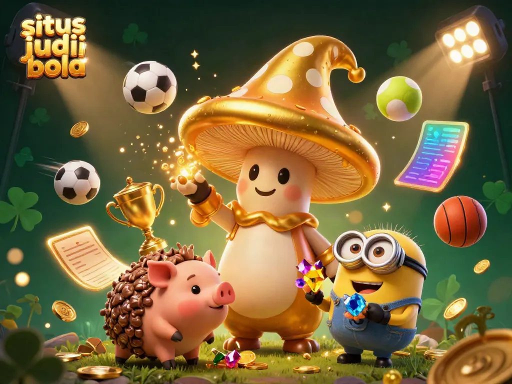 Engage with situs judi bola in a vibrant scene featuring a magical mushroom wizard and sports elements.