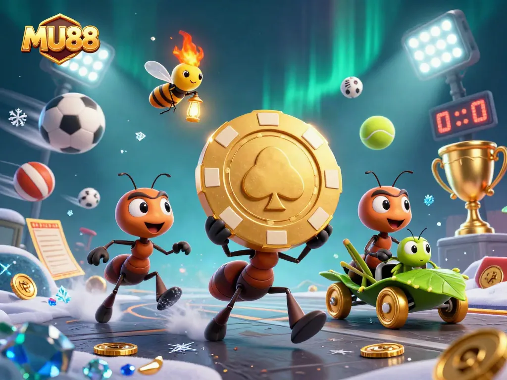 Experience the excitement of MU88 with ants in a heist, golden chips, and dynamic sports elements.