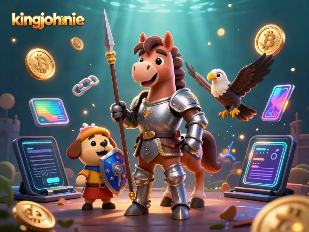 Experience kingjohnnie thrills with a knight, squire, and falcon amidst crypto coins and gaming elements.