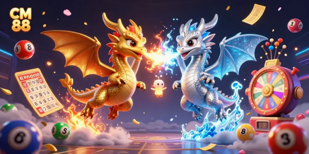 Watch dynamic dragons representing CM 88 soar in a vibrant casino-themed scene filled with exciting gaming elements.