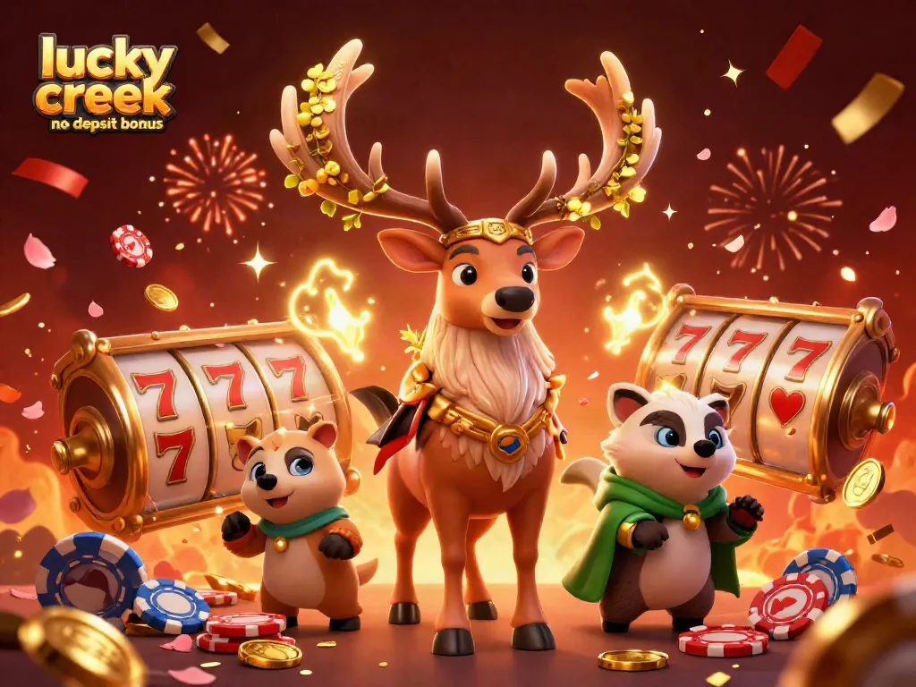 Win with lucky creek no deposit bonus by spinning colorful slot reels and poker chips!