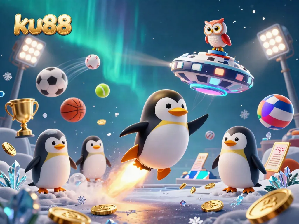 Experience gambling excitement with ku88 in a vibrant casino space scene featuring a golden penguin and sports elements.