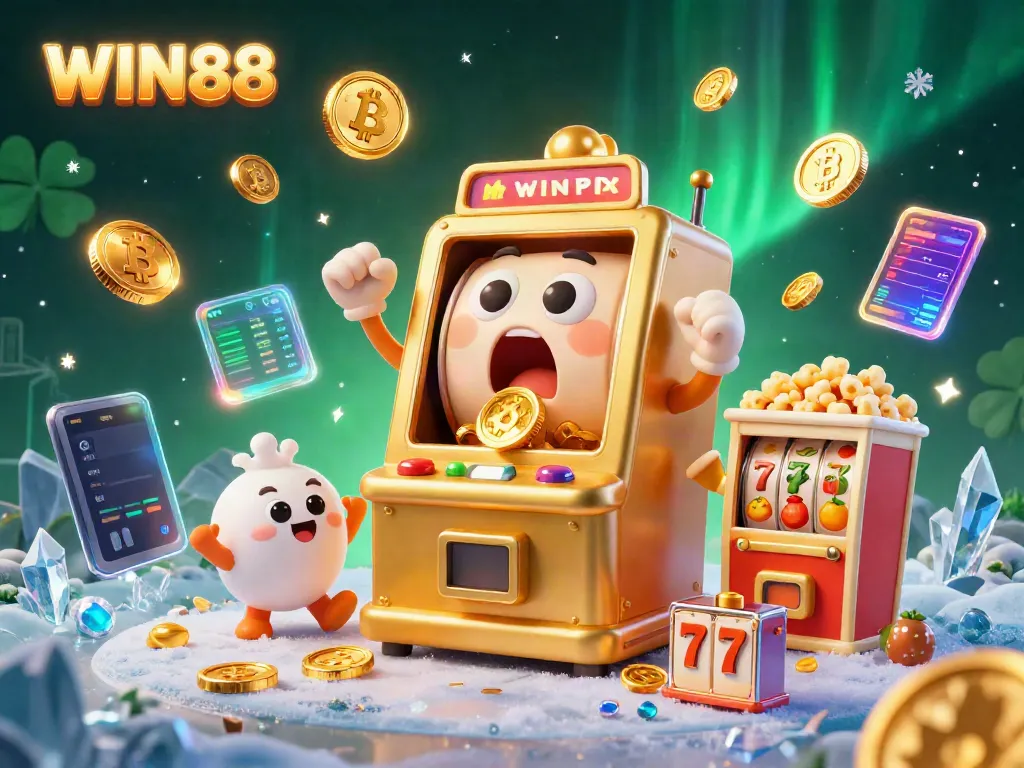 Experience the excitement of WIN88 with a spinning slot machine, jackpot coins, and vibrant casino elements.