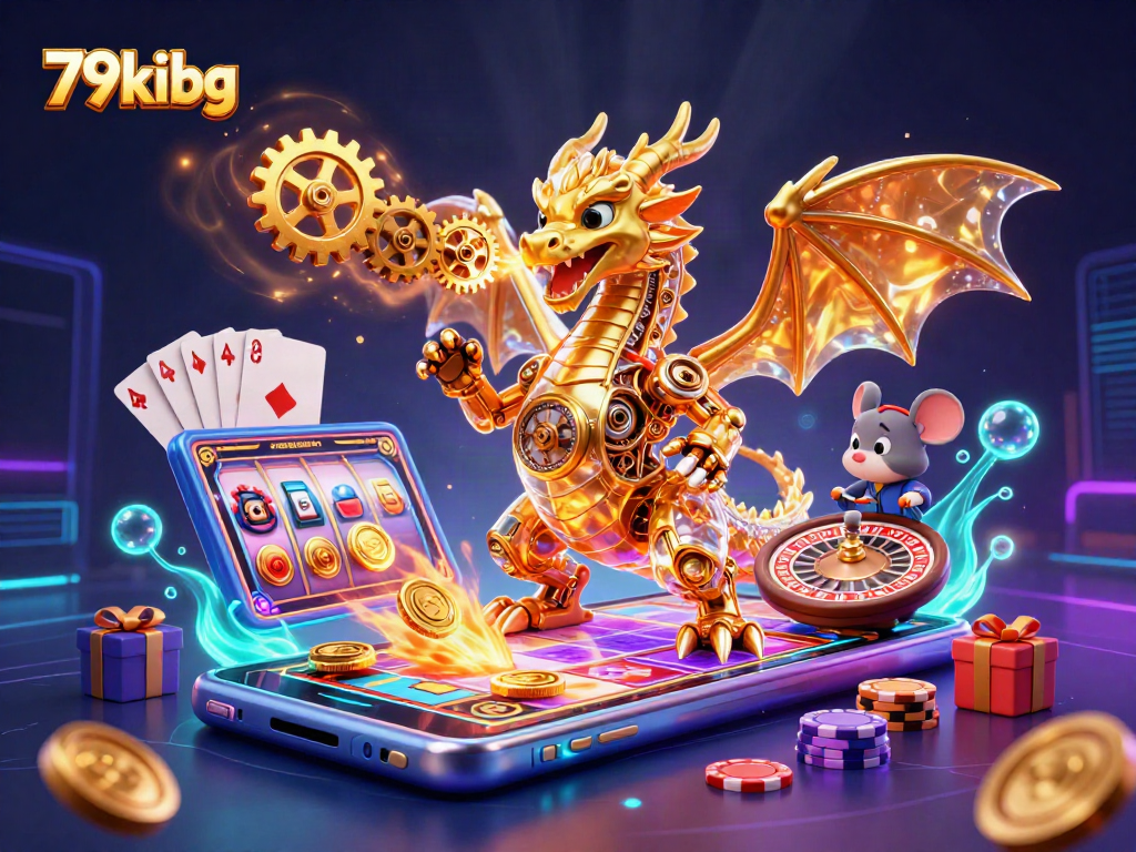 Engage with 79kibg's vibrant 3D casino scene filled with golden dragons and slot game action.