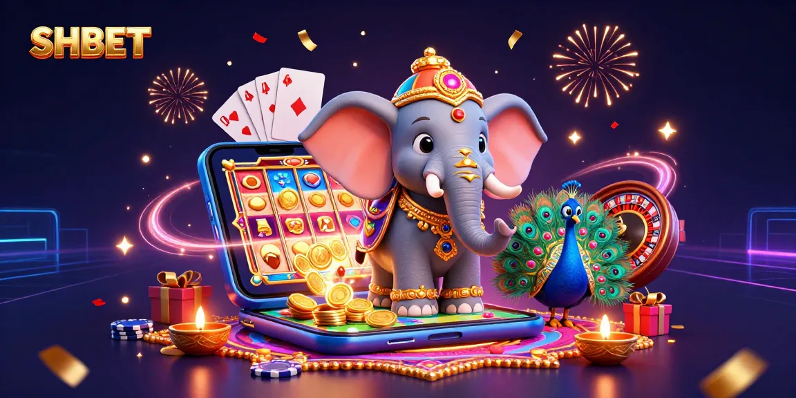 Experience thrilling games with SHBET's vibrant 3D elephant and casino elements in an enchanting illustration.