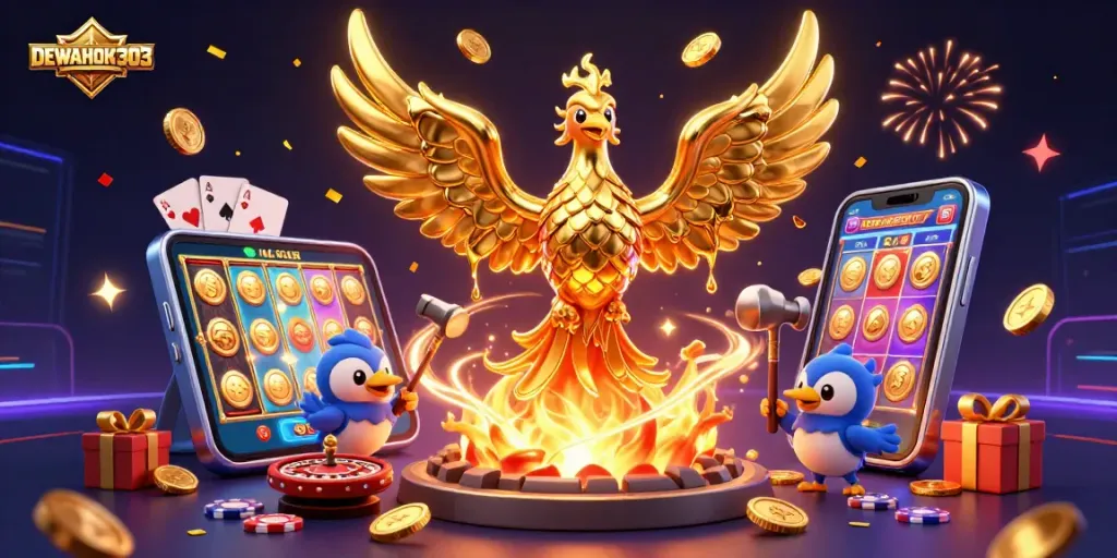 DEWAHOKI303 merayakan kemenangan dengan slot online berwarna cerah dan koin emas berjatuhan.
