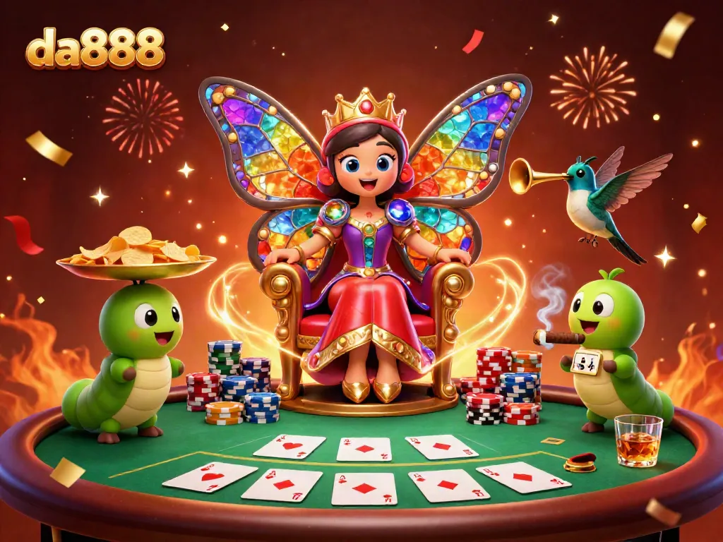 Experience big wins at da888 in this vibrant casino scene with colorful poker elements.