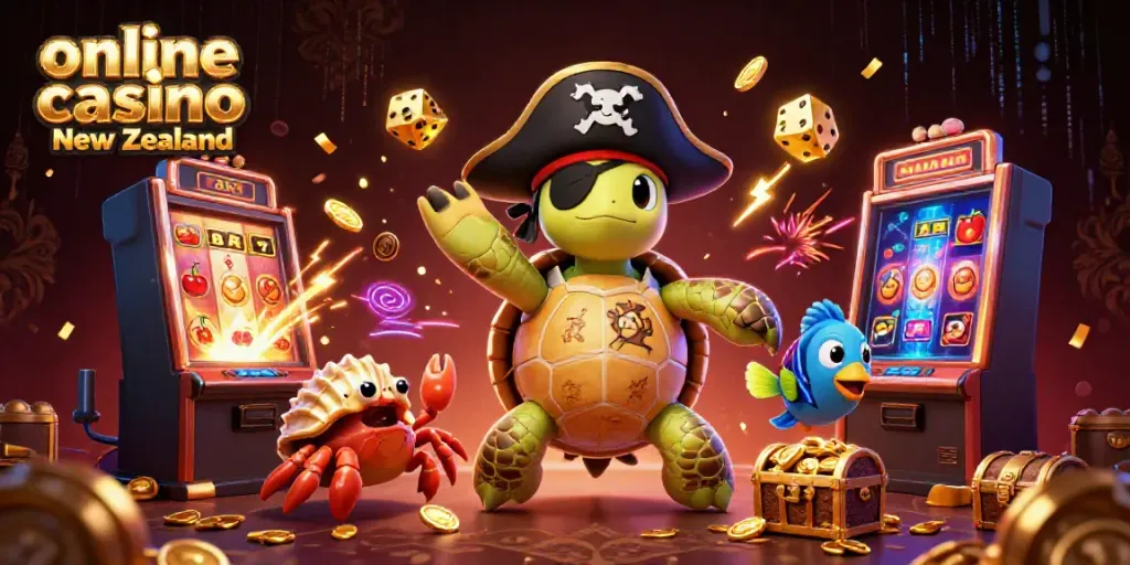 Action-packed scene of a pirate turtle and friends celebrating at an online casino, exemplifying the thrill of online casino New Zealand.