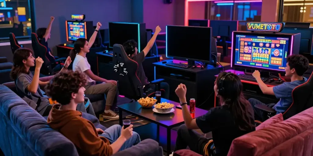 Engaging YUMETOTO gaming experience with friends in a stylish lounge setting.