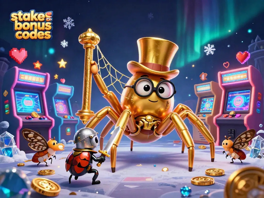 Engage with stake us bonus codes as a golden tarantula and beetle knight explore a vibrant casino.