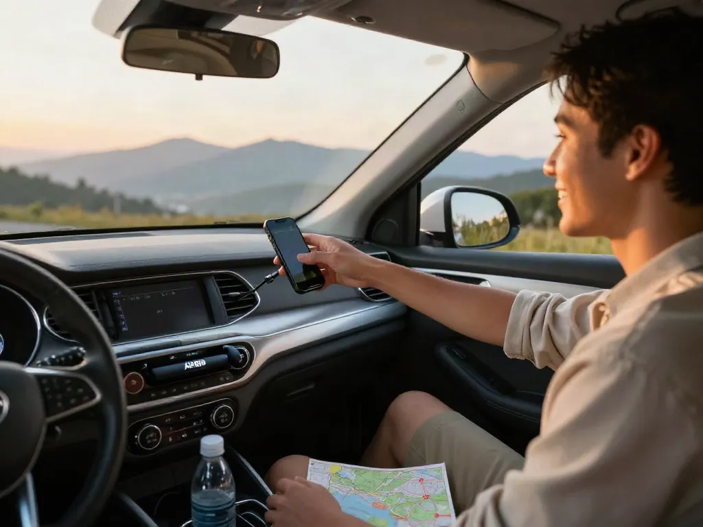 Pengemudi muda menggunakan air88 Bluetooth AUX adapter di mobilnya saat menikmati pemandangan pegunungan.