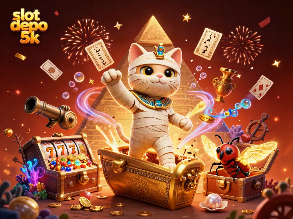 Experience thrilling gameplay with slot depo 5k as an Egyptian mummy cat bursts from a sarcophagus in a vibrant casino.
