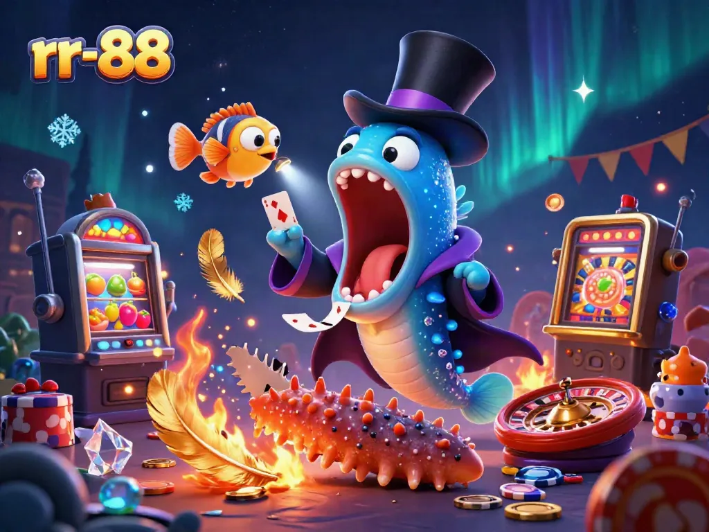 Experience the thrilling world of rr-88 with vibrant casino elements, featuring animated characters performing magic tricks in a dynamic casino atmosphere.