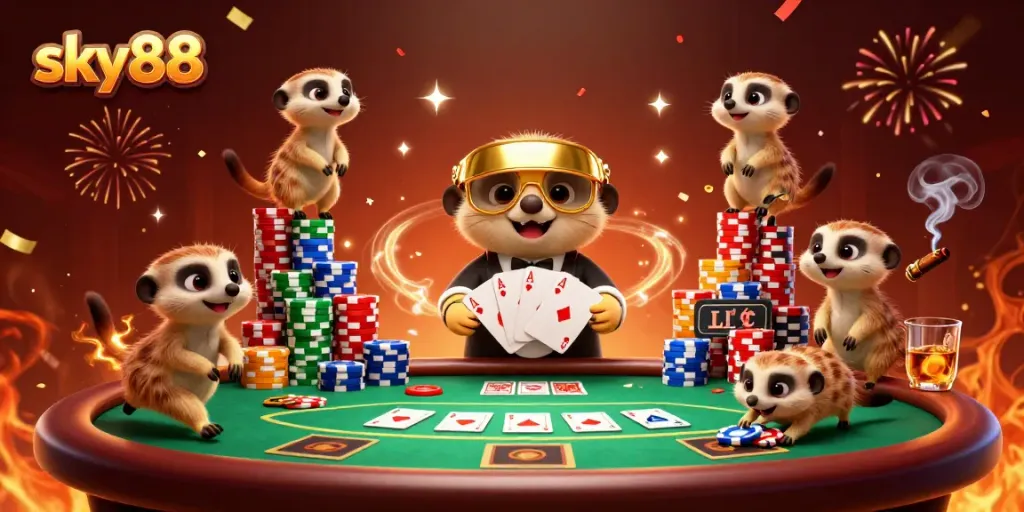 Sky88 characters celebrate wins at a vibrant casino scene filled with poker chips and cards.