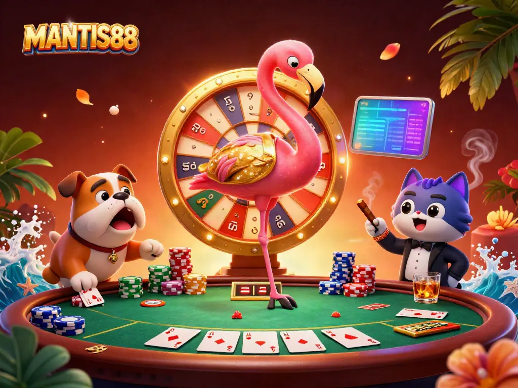 MANTIS88 casino illustration featuring a flamingo game show host with a prize wheel, bulldog contestant, and cat assistant in a lively poker scene.