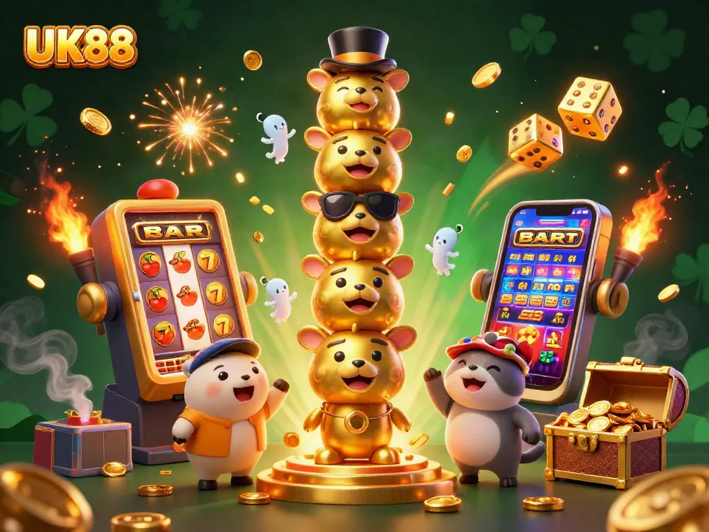 Experience thrilling wins with UK88's dynamic casino scene featuring vibrant slots and golden treasures.