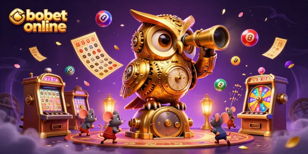Engage with sbobet online through a vibrant casino scene featuring a golden owl and energetic mouse patrons.