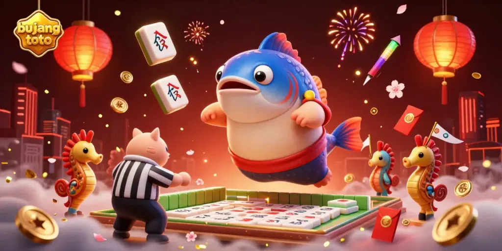 Engage in thrilling gameplay at bujang toto with a vibrant underwater scene featuring a sumo fugu, a catfish referee, and celebratory elements.