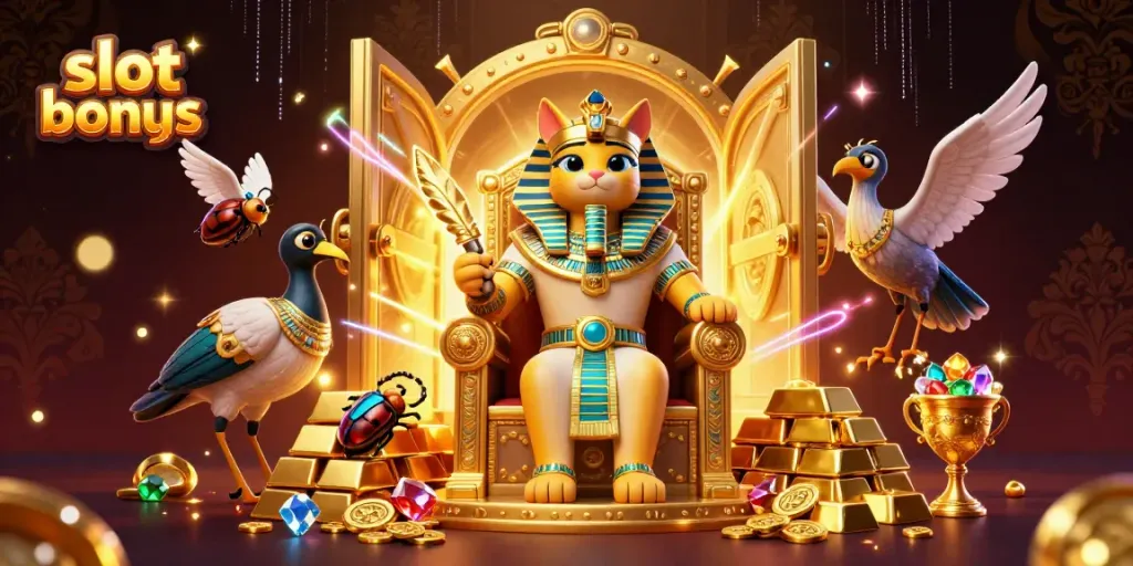 Engage with slot bonus excitement in a vibrant 3D scene featuring a pharaoh cat and treasures.