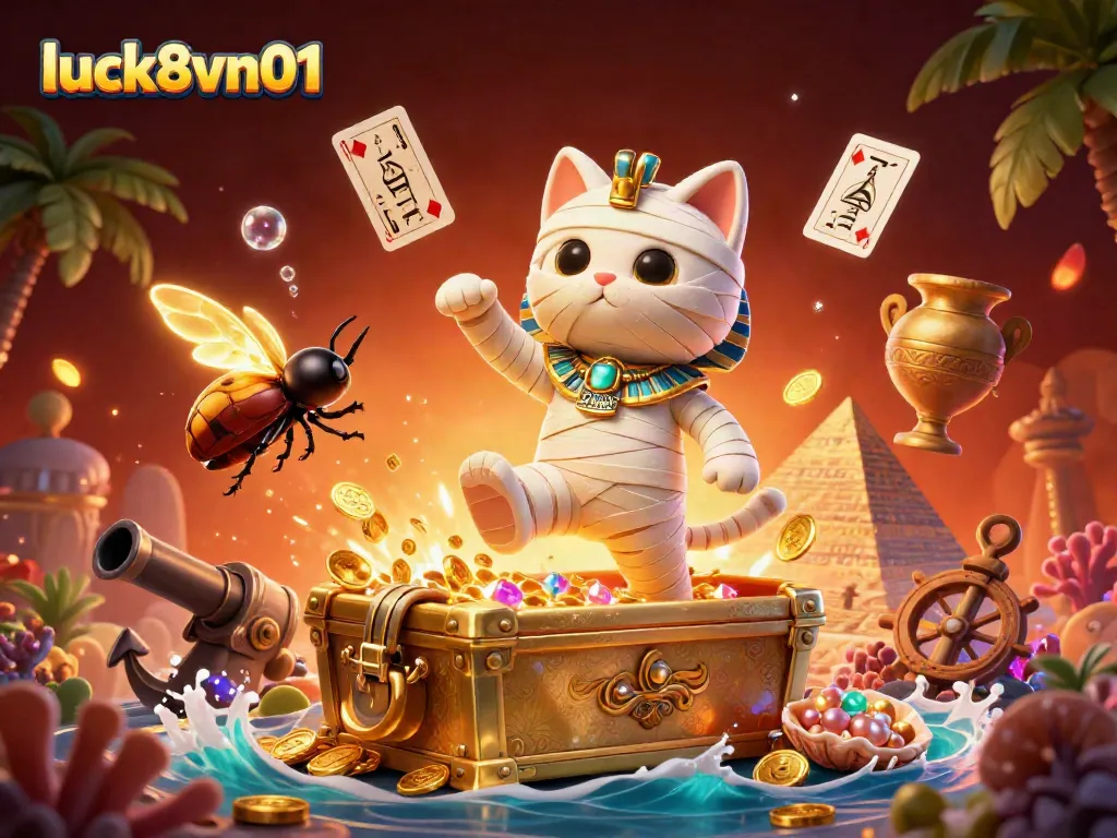Experience excitement with the luck8vn01 Egyptian mummy cat in a vibrant casino scene bursting with riches and gaming elements.