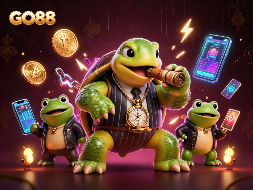Join the excitement of GO88 with a cartoon turtle and bullfrogs on a vibrant casino floor