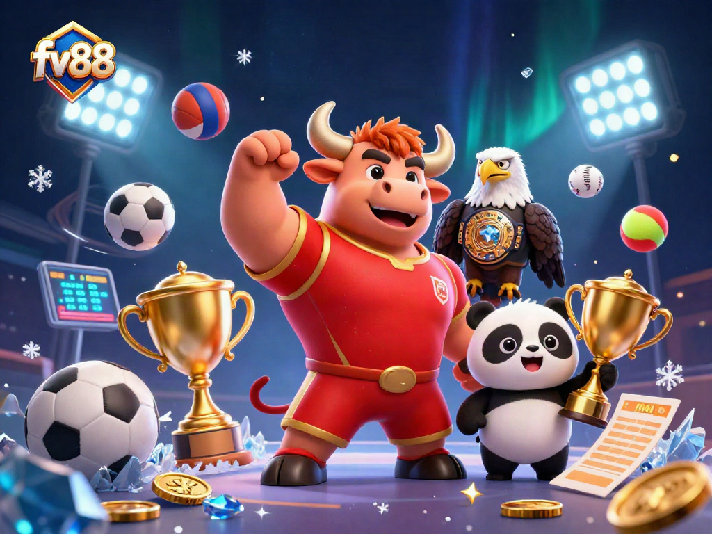 Engage with fv 88 as the bull mascot celebrates, surrounded by sports elements and trophies.