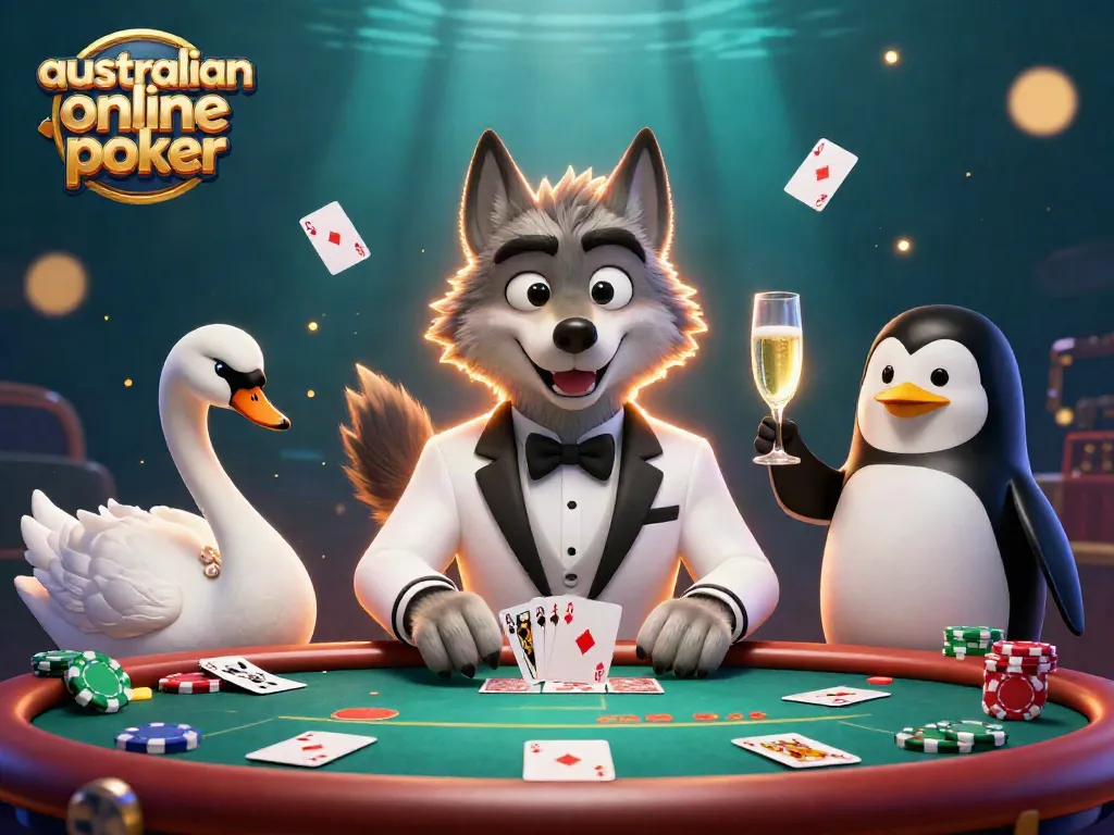 Experience the excitement of australian online poker with charming characters at a vibrant casino scene.