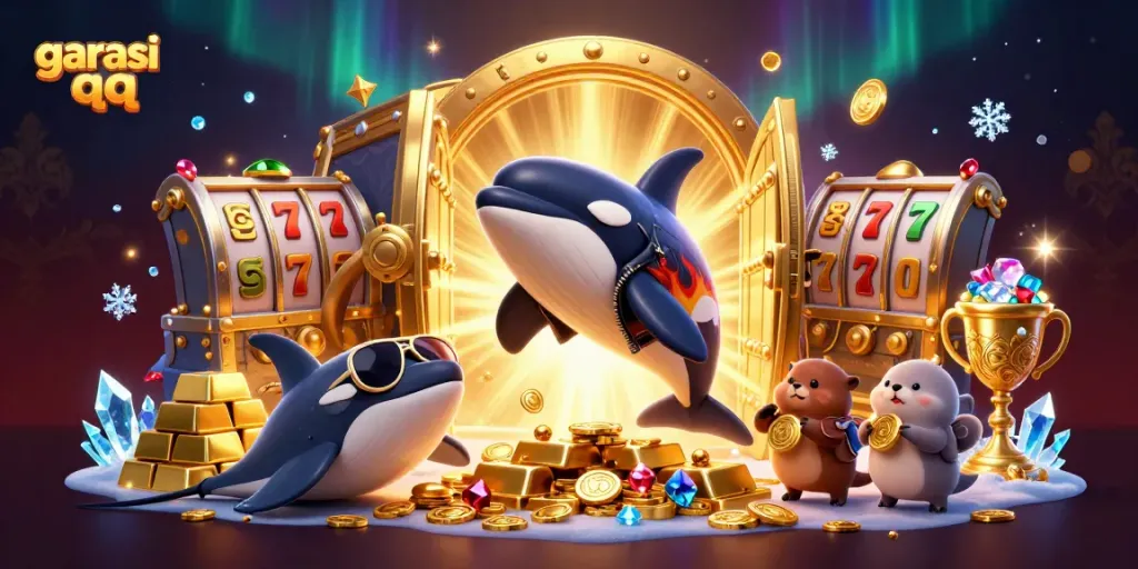 Engage in thrilling casino fun with garasi qq as cartoon characters celebrate wins amidst gold and gems.