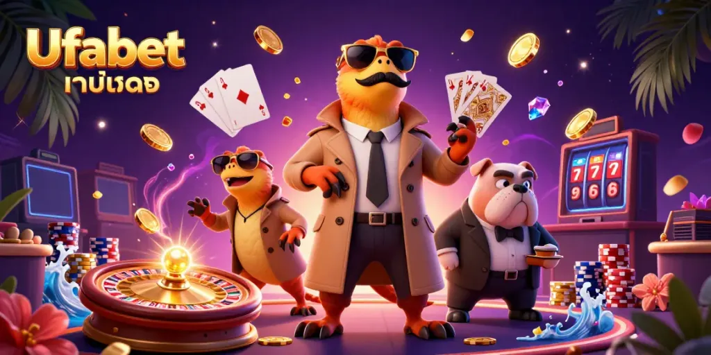 Engage in exciting moments at Ufabet เว็บตรง by entering a vibrant casino scene with animated characters and gold-rich visuals.