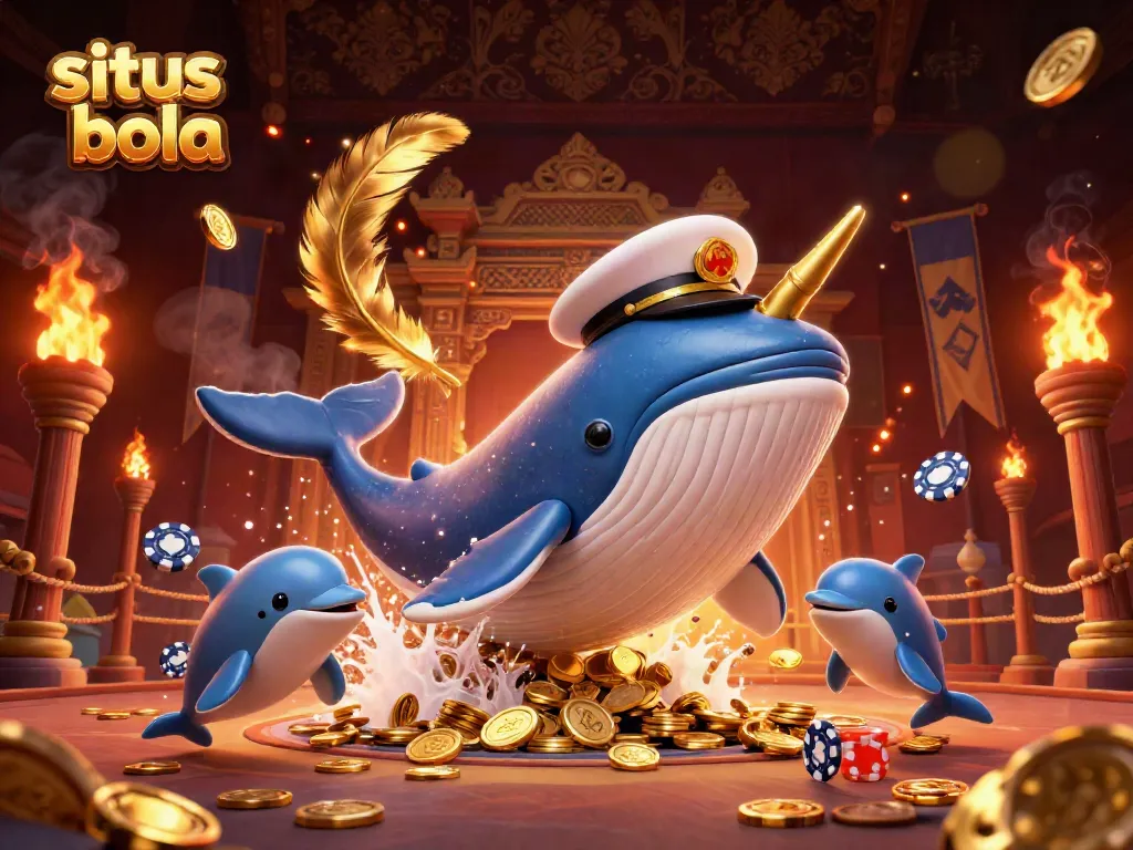 Experience excitement with situs judi bola in a vibrant illustration of a ocean-themed gambling scene featuring a cartoon whale and dolphins.